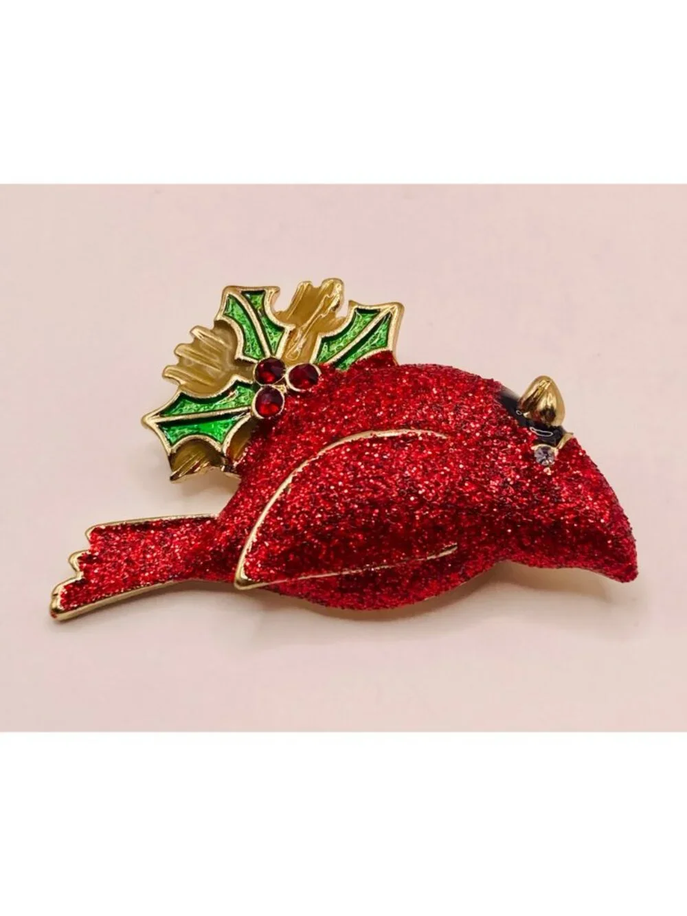 Vintage Red Glitter Christmas Holiday Cardinal Bird Brooch Pin Holly Leaves -17B